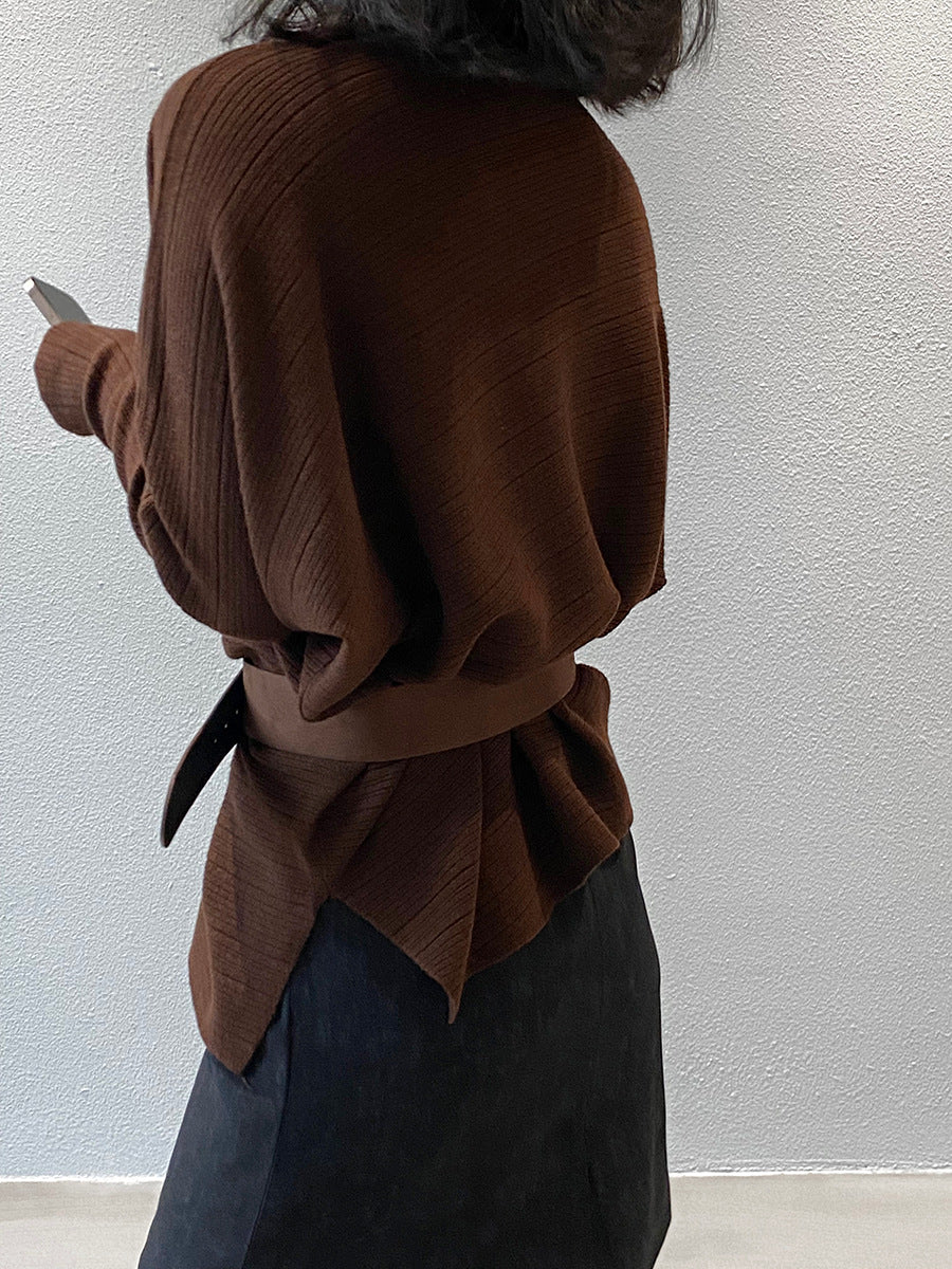 【cim9033】實拍韓系高級感長袖斜肩針織衫＋腰帶251030