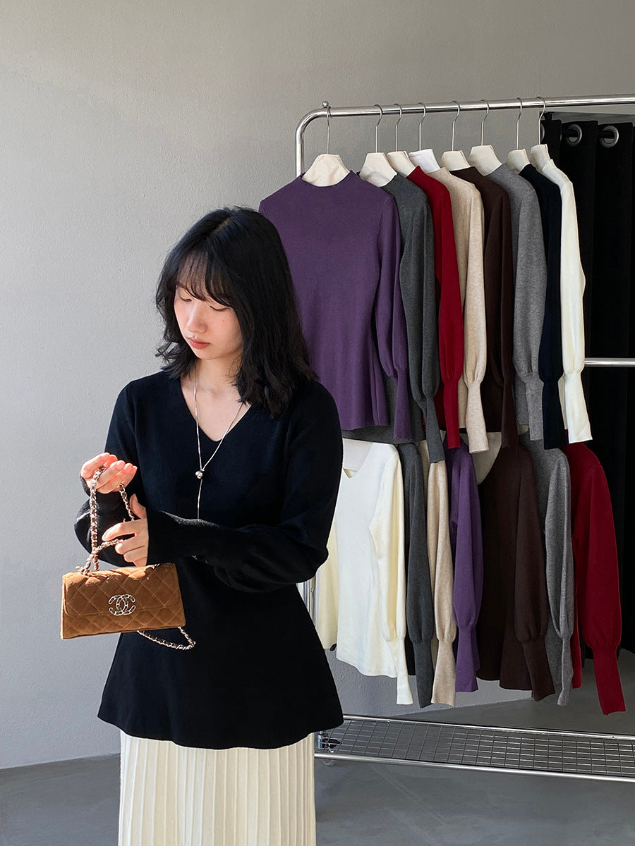 【cimz6652】實拍氣質半高領/V領燈籠袖極簡氣質針織衫251128