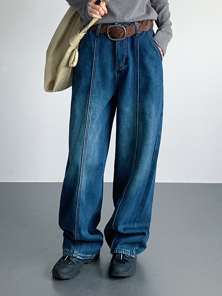 【LD11020】實拍S~XL加絨加厚復古水洗做舊彎刀闊腿牛仔褲251110