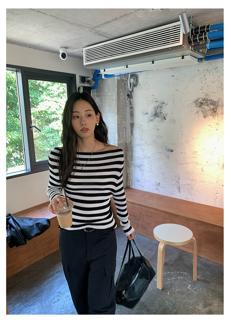 【H5399】實拍韓系簡約氣質一字領露肩針織衫250902