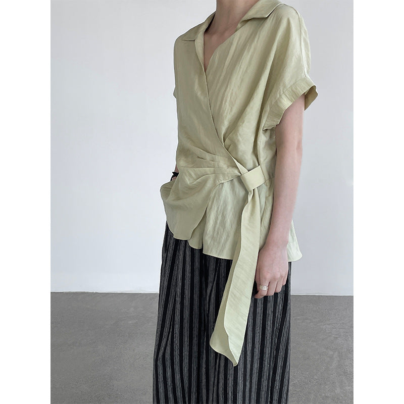 【cim26038】氣質通勤穿搭☕設計感翻領綁帶收腰V領短袖襯衫上衣260723
