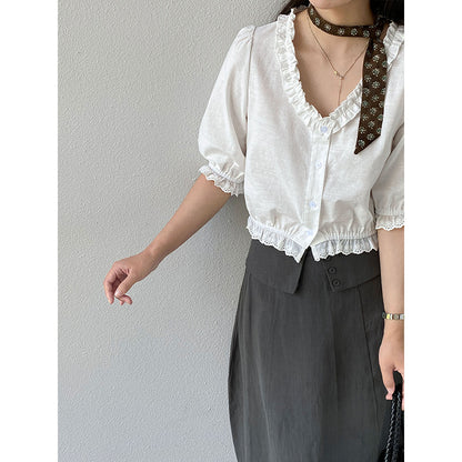 【cimz6578】不透膚純白仙氣🕊️韓系亞麻氣質修身短版花邊襯衫/薄上衣260618