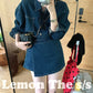 【LA169】檸檬春季美式復古藍牛仔襯衫外套+設計感褲裙 兩件套240311