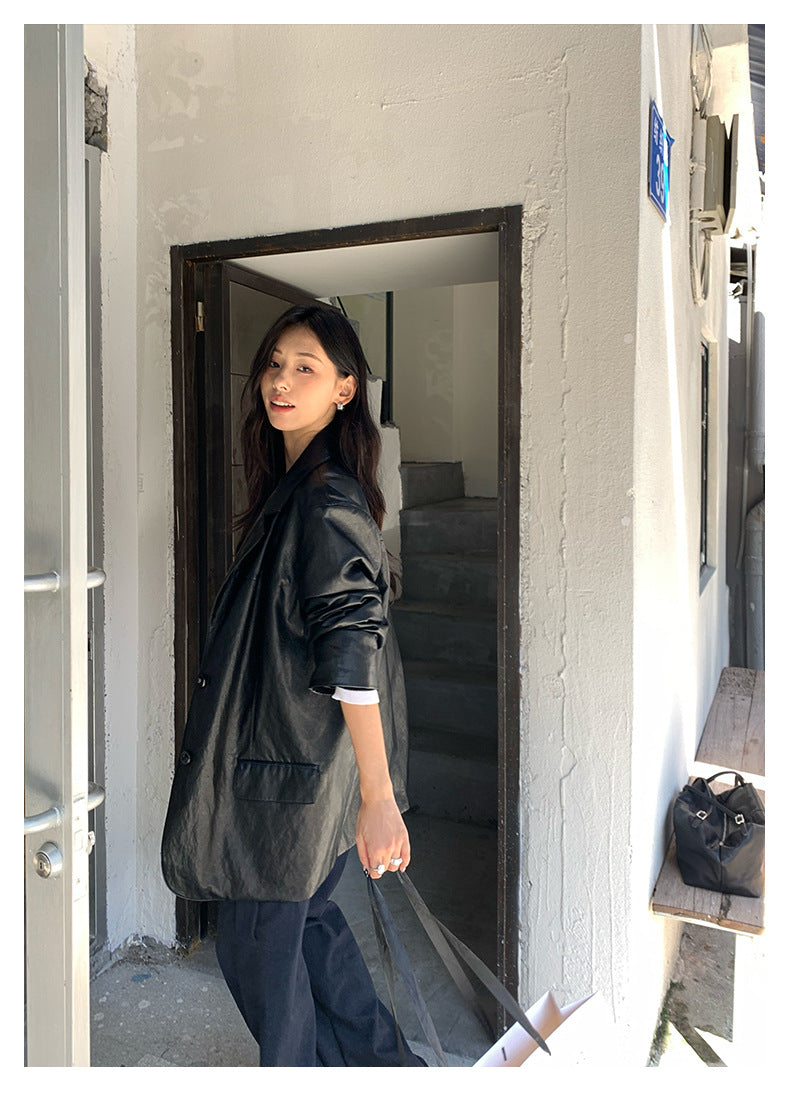 【H5398】實拍韓系高級感黑色皮衣西裝外套250902