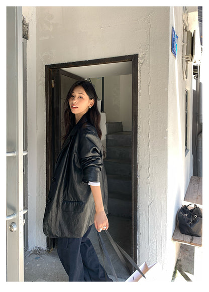 【H5398】實拍韓系高級感黑色皮衣西裝外套250902