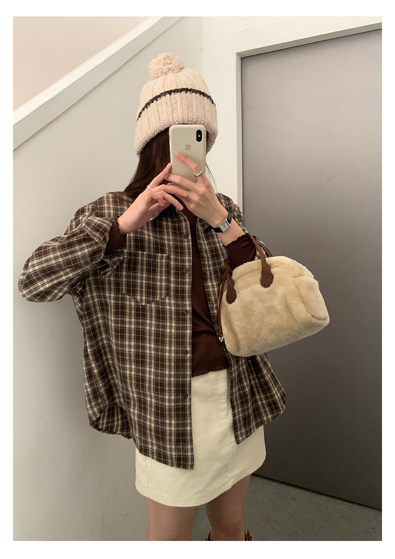 【H570】實拍復古寬鬆毛呢格子襯衫外套251021