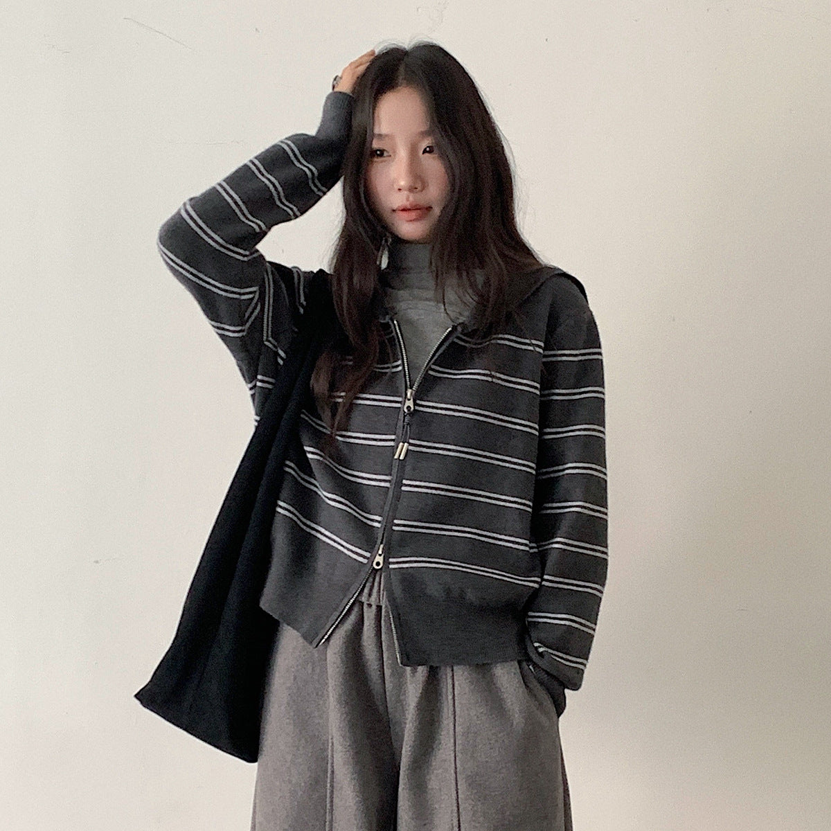 【LD11036】實拍雙頭拉鍊海軍領條紋針織開衫251202