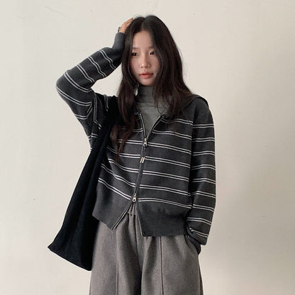 【LD11036】實拍雙頭拉鍊海軍領條紋針織開衫251202