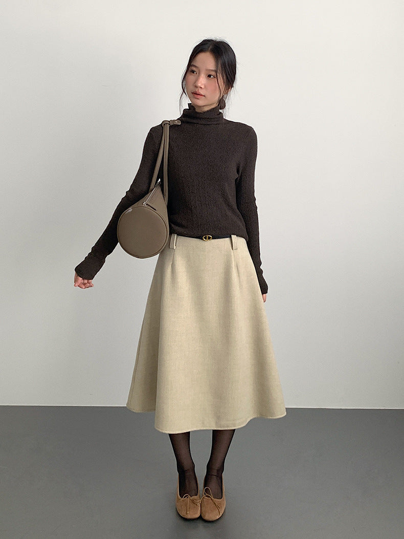 【LD11070】實拍氣質毛呢A字傘裙＋腰帶251209