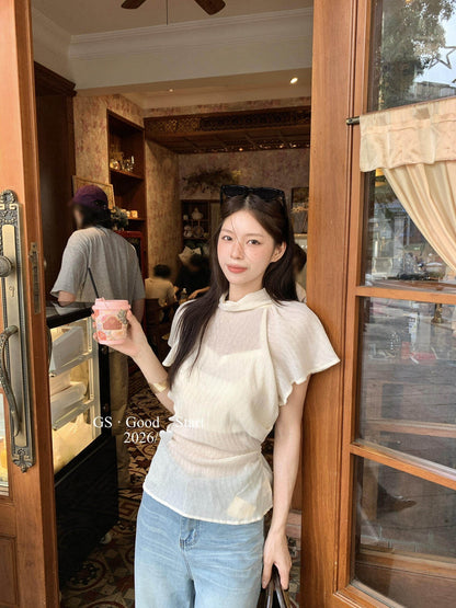 【L123W】法式溫柔氣質🌸設計感飛飛袖收腰立領短袖上衣260518