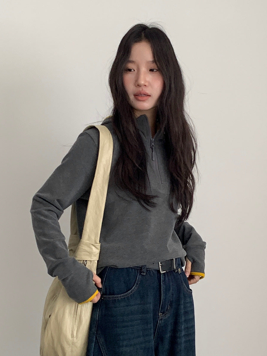 【LD11028】實拍德絨舒適極簡半拉鍊連帽衞衣251124