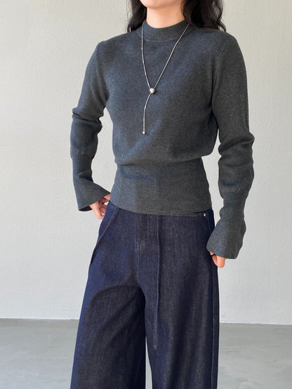 【cimz3012】實拍韓系氣質半高領喇叭袖收腰針織衫251201