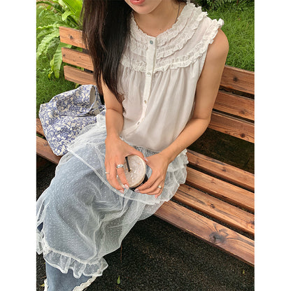 【H525】實拍夏天韓國氣質小荷葉無袖襯衫250513
