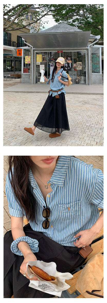 【H5222】實拍夏季休閒復古｜條紋口袋刺繡短袖襯衫＋髮圈250429