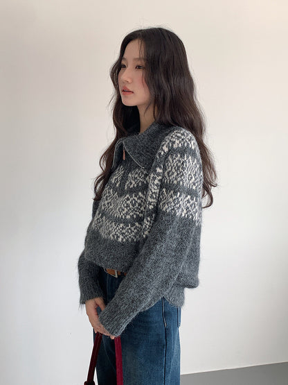 【LD11004】實拍兔絨毛混紡費爾島針織毛衣半拉鏈大翻領251110