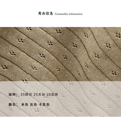 【cimz90871】韓系慵懶減齡🍃鏤空花邊翻領亞麻短袖針織衫260625