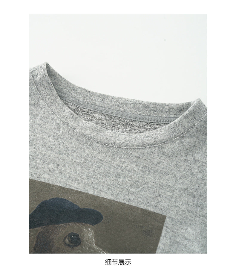 【H5499】實拍 復古磨毛狗狗印花長袖T恤251118