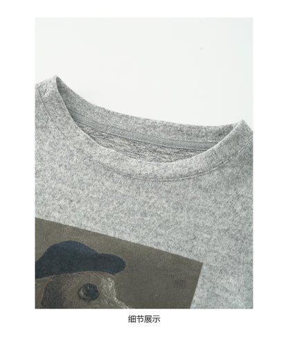 【H5499】實拍 復古磨毛狗狗印花長袖T恤251118