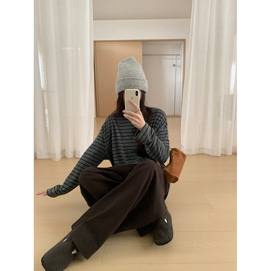 【H572】實拍復古磨毛刺繡條紋圓領T恤251021