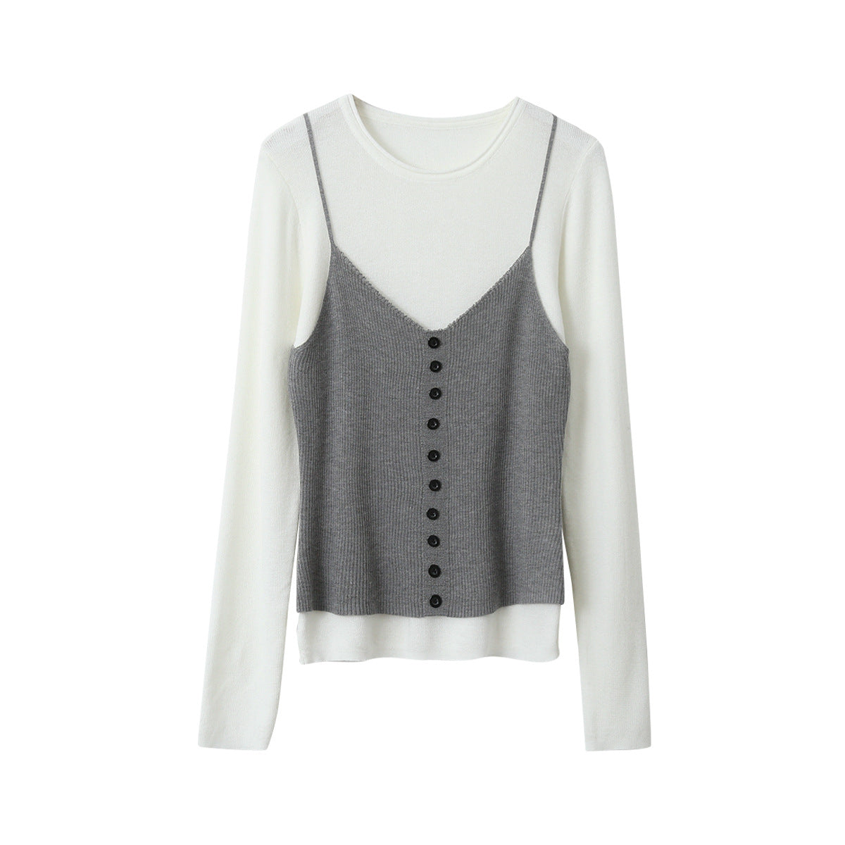 【LD11159】實拍修身顯瘦必備！假2件細肩帶背心+長袖針織衫260309