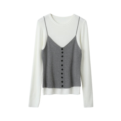 【LD11159】實拍修身顯瘦必備！假2件細肩帶背心+長袖針織衫260309