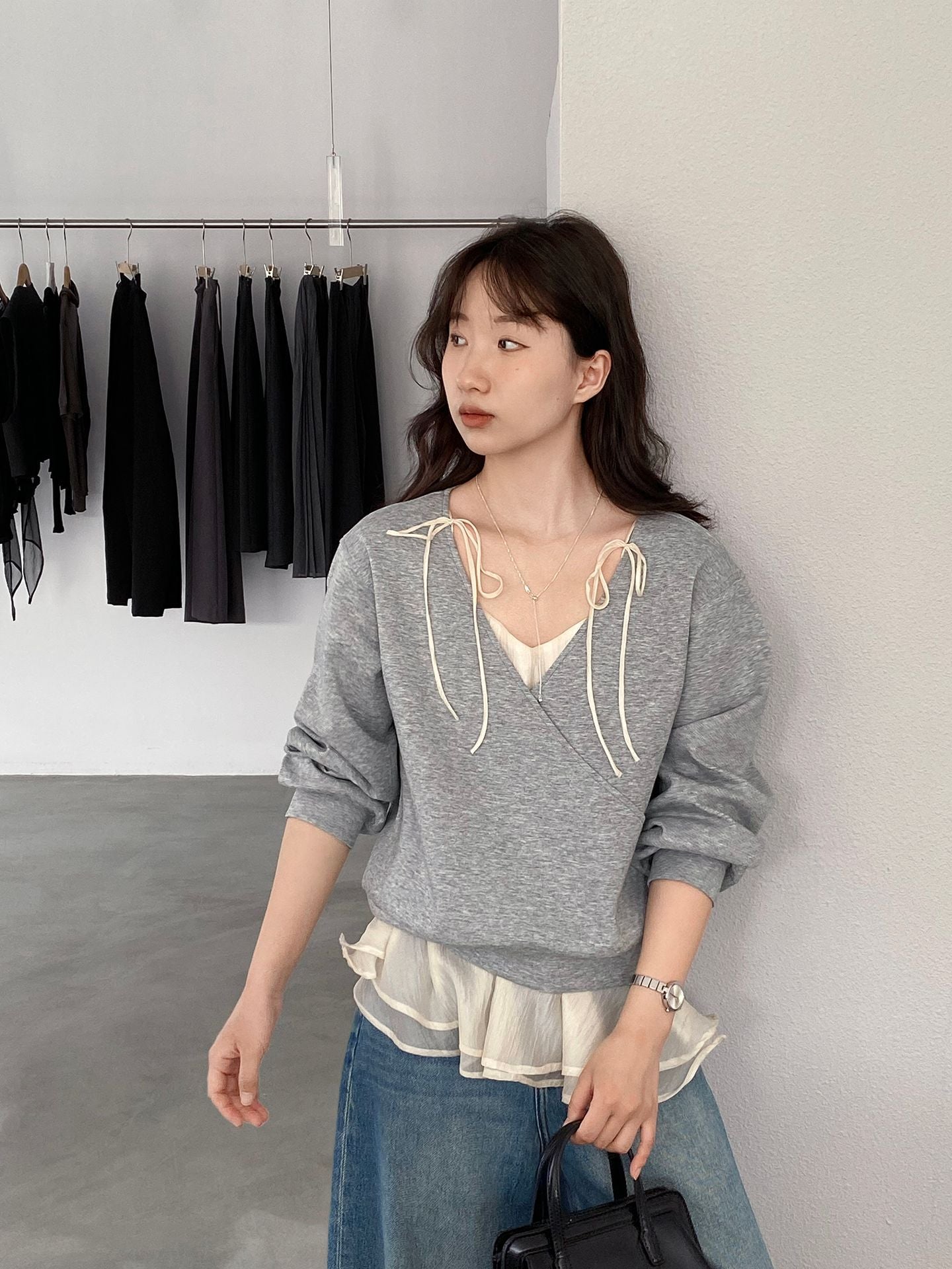 【cimz1793】芭蕾女伶風🩰層次疊穿假兩件綁帶雪紡t-shirt 260319