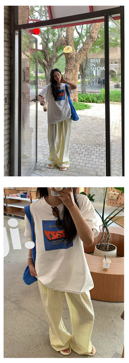 【H5211】實拍美式撞色字母印花寬鬆圓領短袖T恤250422