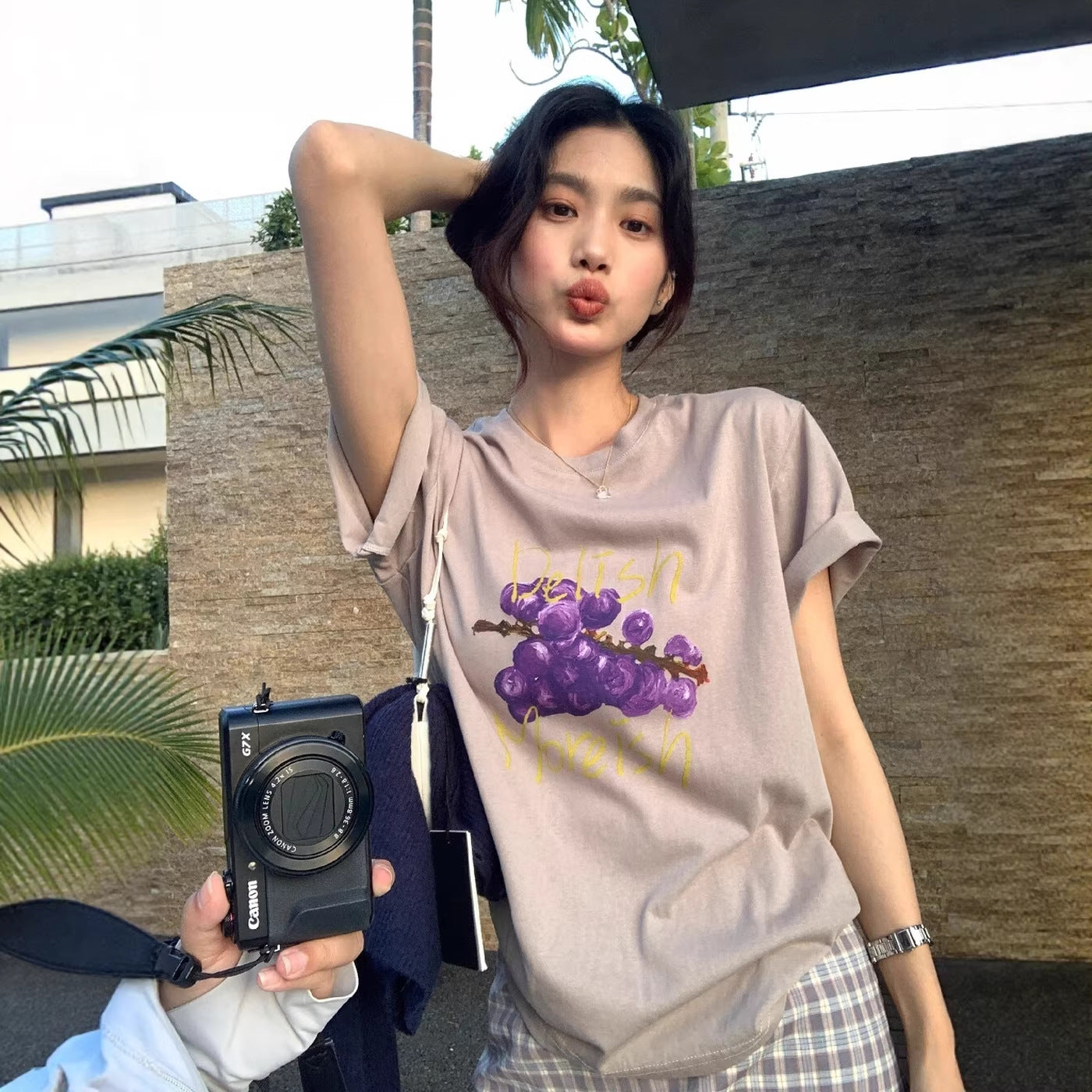 【L10228】可愛學院風🍓韓版水果印花寬鬆休閒圓領短袖T恤260511
