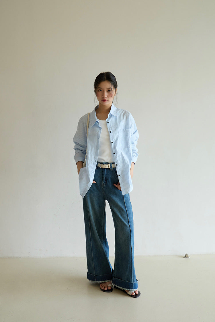 【LD003】實拍中性棉100氣質寬鬆條紋襯衫251103