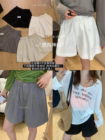 【L10713】夏日百搭神褲👖簡約遮肉顯瘦鬆緊腰A字版休閒短褲260511
