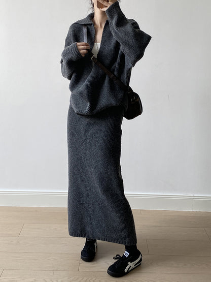 【YP680】 實拍深V慵懶毛衣＋針織長裙(含羊6%) 套裝251023