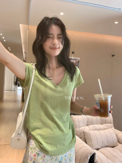 【L10501】極簡高級鬆弛感☕透氣雪花亞麻V領正肩顯瘦短袖T恤260428