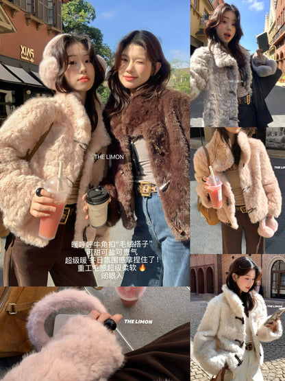 【L1230】實拍檸檬冬季加厚保暖立領牛角扣仿皮草外套251117