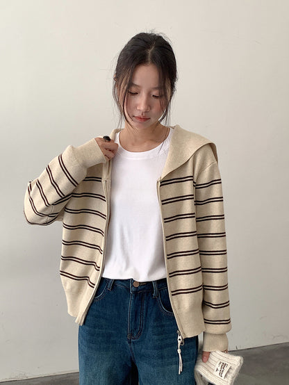 【LD11036】實拍雙頭拉鍊海軍領條紋針織開衫251202