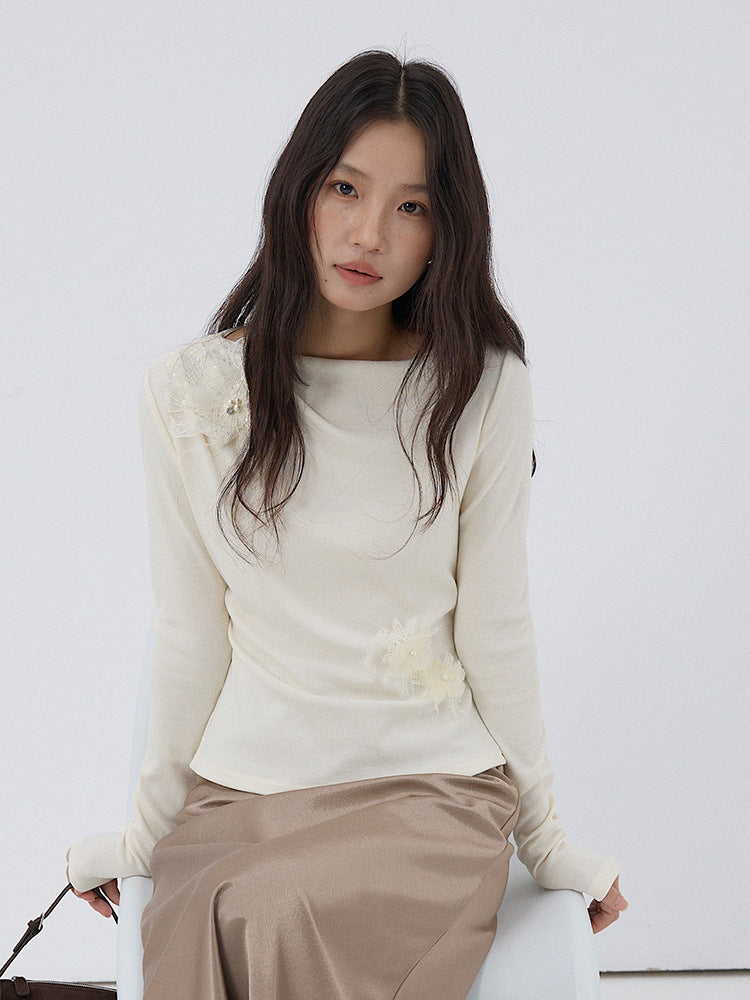 【LD3277】實拍立體花朵長袖一字領T恤251103