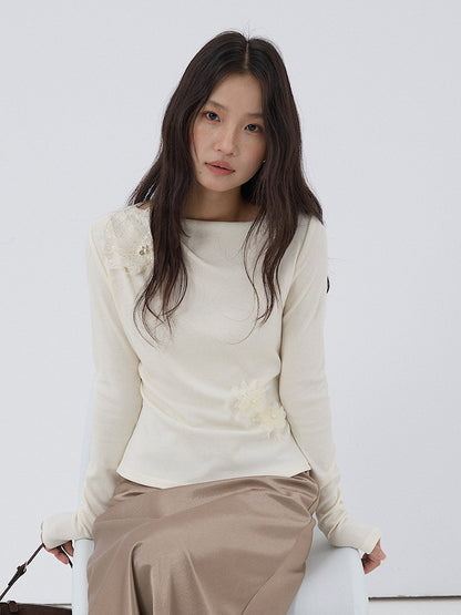 【LD3277】實拍立體花朵長袖一字領T恤251103