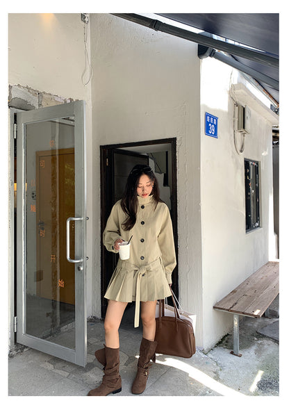 【H5400】實拍韓系慵懶卡其立領收腰風衣外套250902