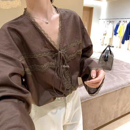 【L80322】Hers法式溫柔度假風🌸百搭顯瘦綁帶V領長袖襯衫260323