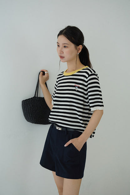 【LD11220】實拍休閒百搭經典款🐎小馬刺繡條紋寬鬆圓領短袖針織上衣260407