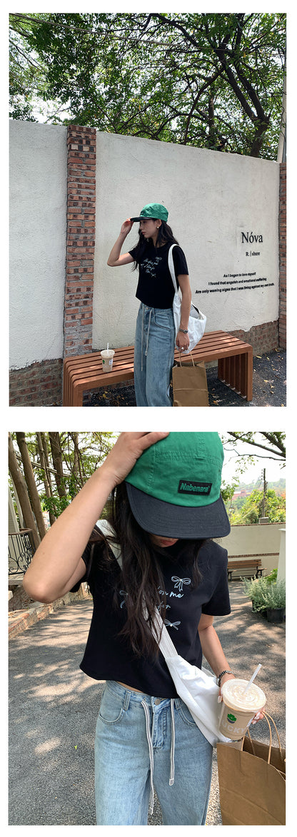【H5161】實拍夏天甜美優雅蝴蝶結珍珠印花t恤250407