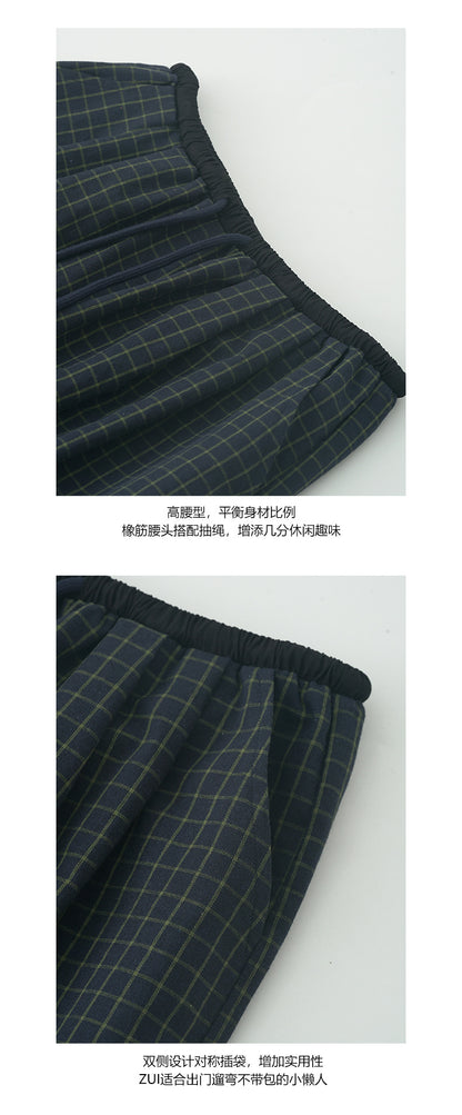 【H5164】實拍夏天舒適休閒格紋寬鬆闊腿褲抽繩鬆緊腰250407