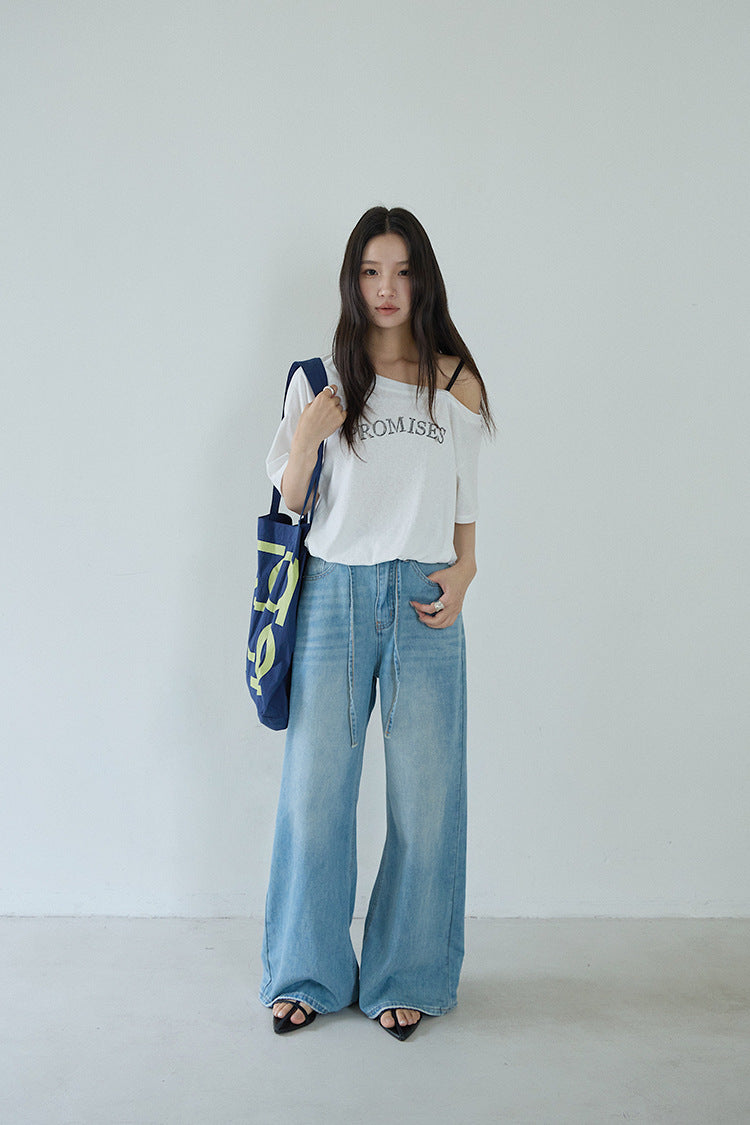 【LD11279】Y2K甜辣女孩🔥時髦單肩細肩帶字母印花假兩件露肩收腰T恤260519
