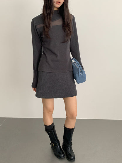 【LD11024】實拍氣質網紗拼接加絨半高領長袖T恤251124