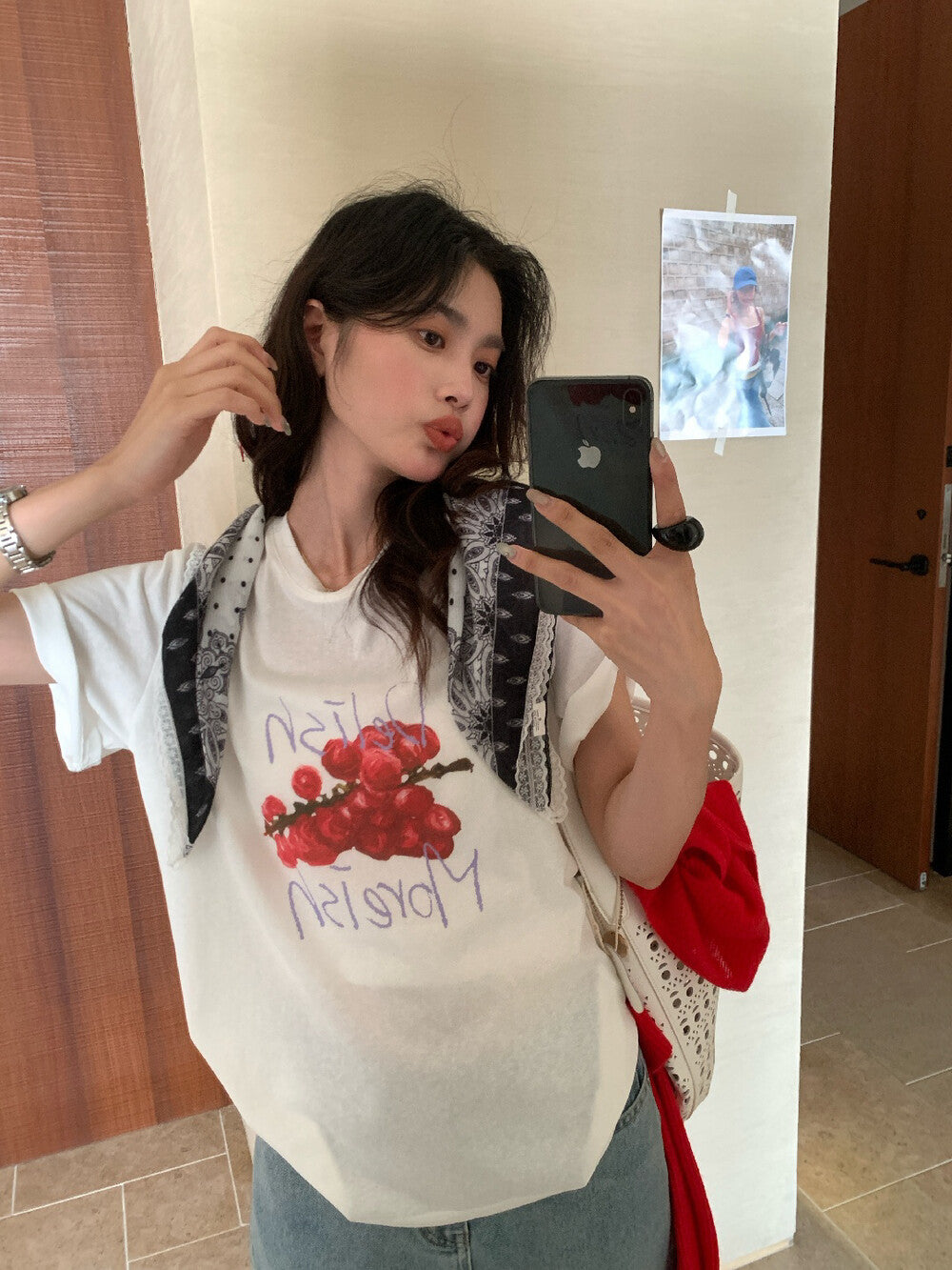 【L10228】可愛學院風🍓韓版水果印花寬鬆休閒圓領短袖T恤260511