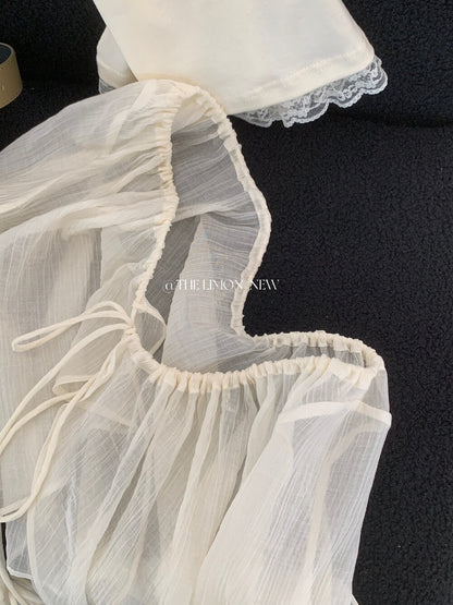 【L10331】實拍檸檬法式浪漫溫柔🌸氣質泡泡袖襯衫+蕾絲拼接細肩帶背心套裝260408