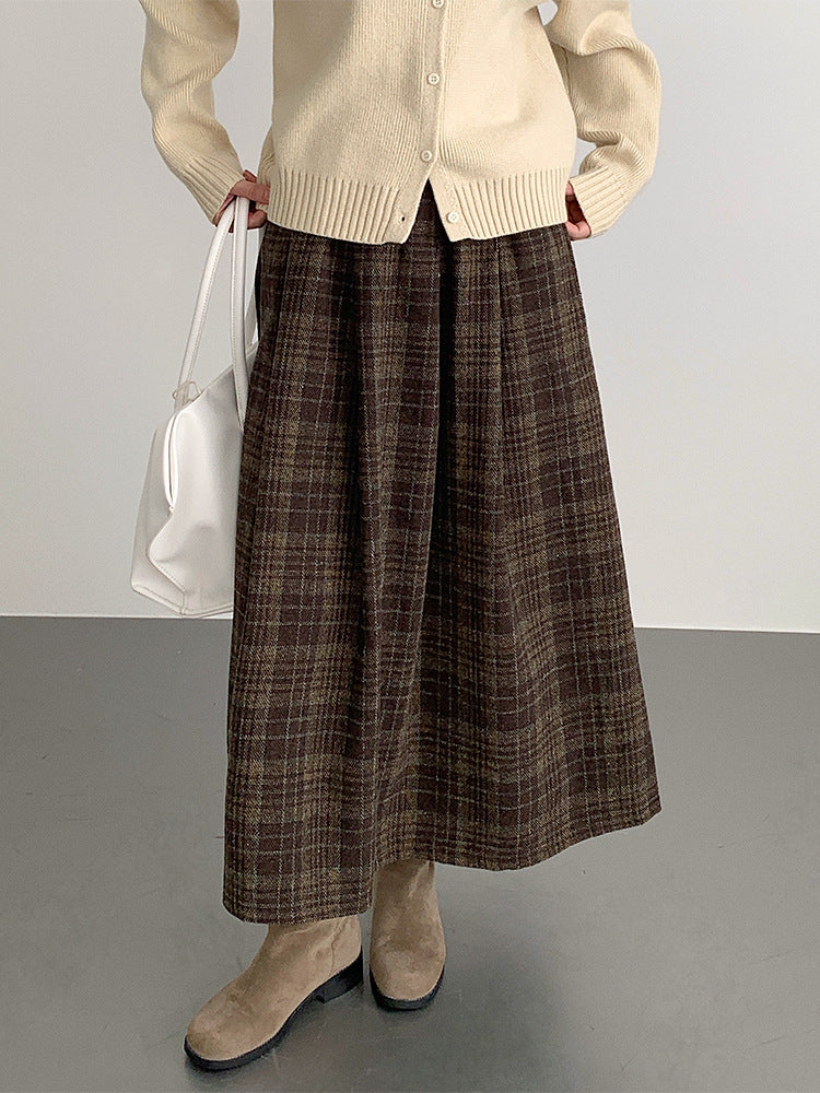 【LD11008】實拍復古毛呢格子高腰a字裙(左右有口袋）251110