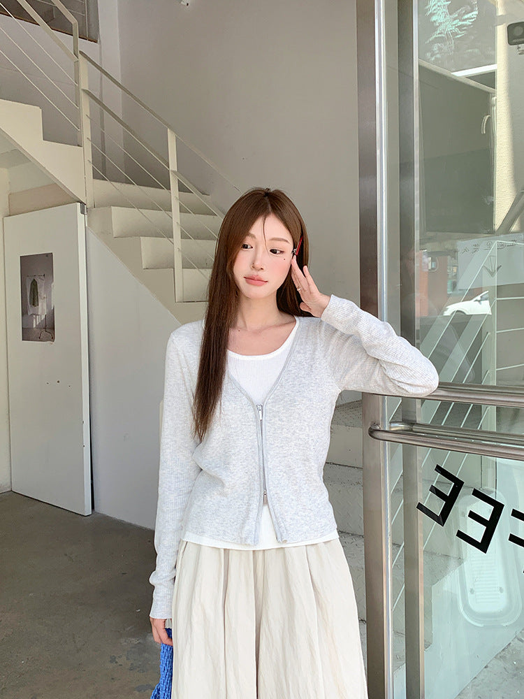 【L2771】實拍V領條紋假兩件雙開頭針織衫（6％美麗諾羊毛）250825