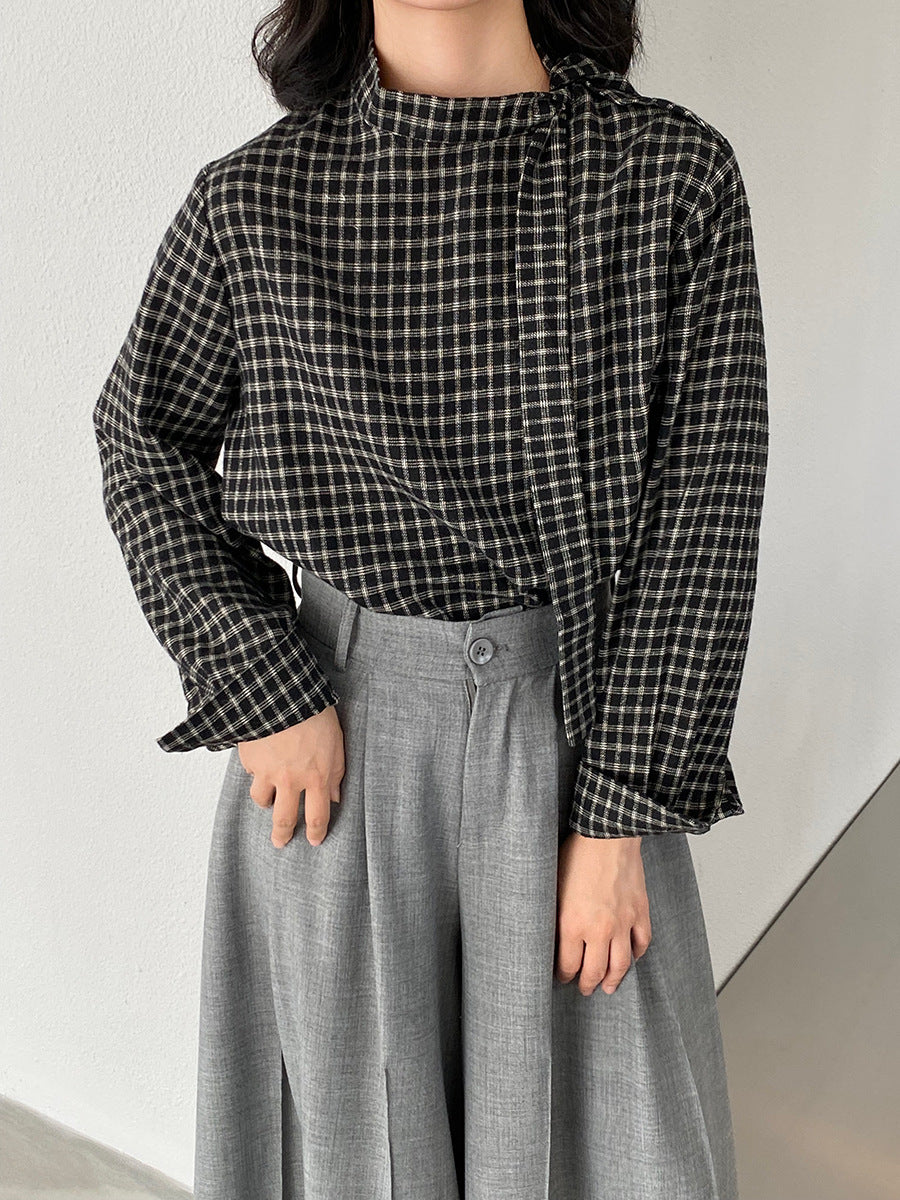 【cim1695】實拍法式磨毛領結氣質格子襯衫251030