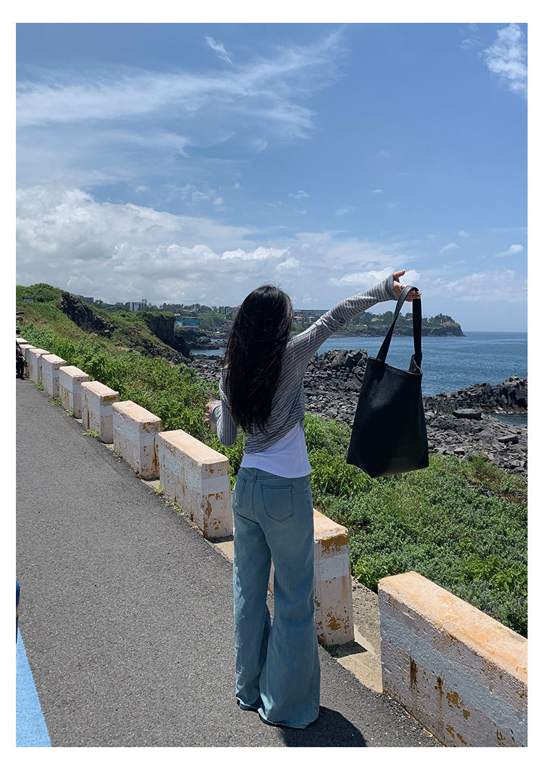 【H5384】實拍韓版條紋一字領長袖上衣 + 吊帶背心 兩件套250902