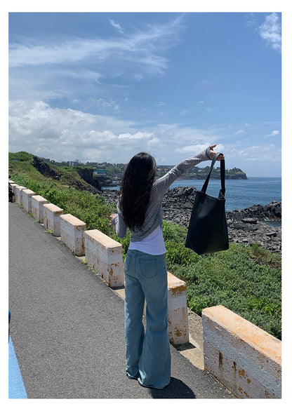 【H5384】實拍韓版條紋一字領長袖上衣 + 吊帶背心 兩件套250902